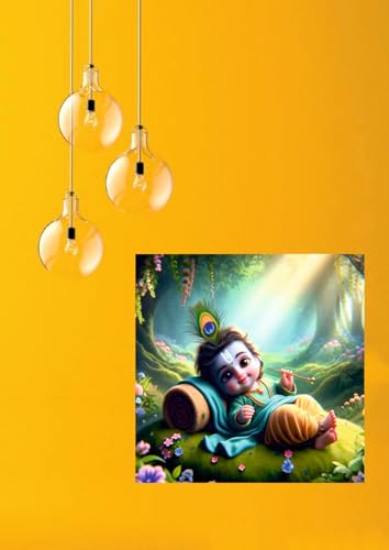 Image of Techgifti Baby Krishna Sleeping Jungal Feather Wall Poster for Pooja Room, Office, Kids Room (Size- 46CM X 46CM)