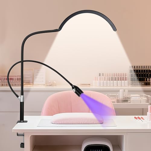 Image of Half Moon Desk Nail Lamp with UV Gel Nail Dryer, 2-in-1 Dual Arm Gooseneck Clamp Lamp for Nail Tech, Professional Shadowless Manicure Table Light, Adjustable Brightness for Eyelash, Tattoo