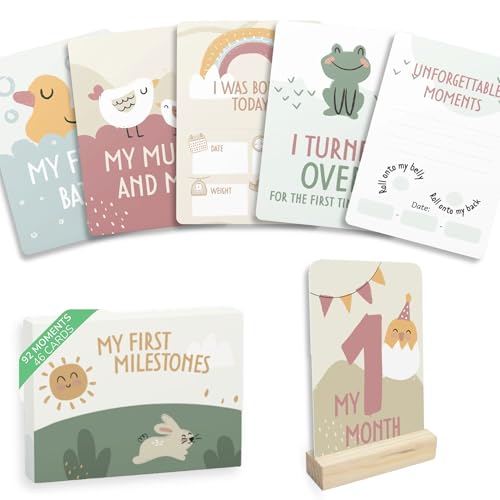 HUBORNS – Tarjetas cumple mes bebé “Mis primeras veces”, set de 46 tarjetas para fotos y recuerdos, regalo original para recién nacidos y padres primerizos con caja premium de regalo