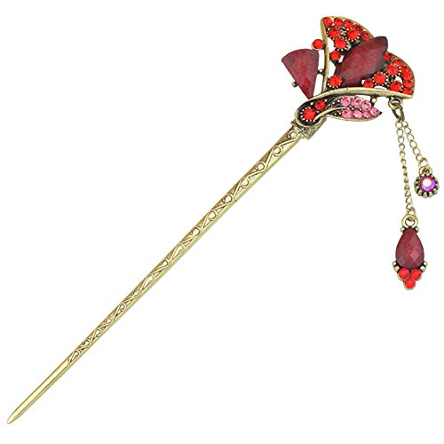 YOY Fashion Hair Decor Chinese Traditional Style Women Girls Hair Stick Hairpin Hair Making Accessory with Fan-shaped,Red