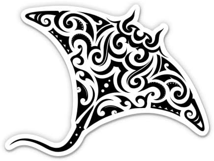 Manta Ray Fish Tattoo - 3" Vinyl Sticker - for Car Laptop I-Pad Phone Helmet Hard Hat - Waterproof Decal