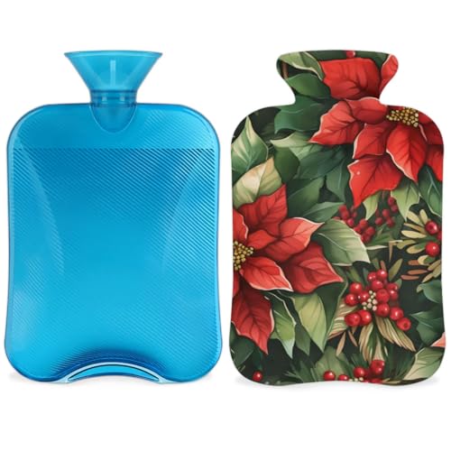 Hot Water Bottle with Soft Cover,2L Holly Berry Flowers Hot Water Bag for Hot and Cold Compress, Hand Feet Warmer, Dreamy Flowers Rubber Hot or Cold Water Bottle Halloween Christmas Decorations