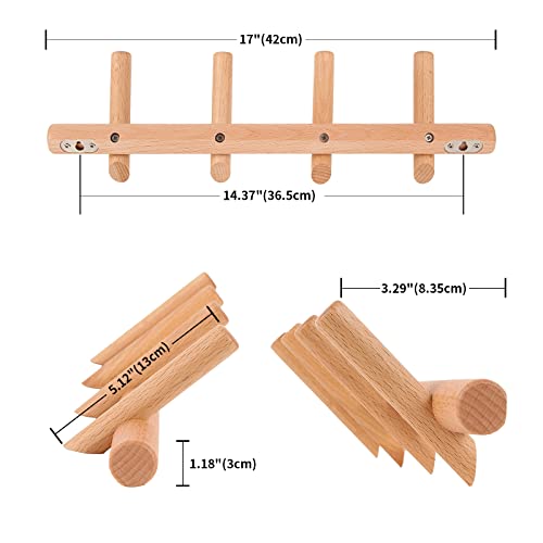Kysmotic Wooden Coat Rack Wall Mounted | Modern Wood Coat Hooks For Entryway, Bedroom, Bathroom | 4 Pegs Wood Wall Hook For Hanging Clothes Robes Towels Hats #TOP3
