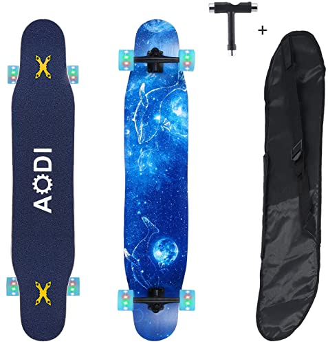 AODI 46in Longboard Skateboard Complete Cruiser, Freeride Skateboards with LED PU Wheels 7 Ply Canadian Maple Skateboards for Cruising, Carving, Downhill