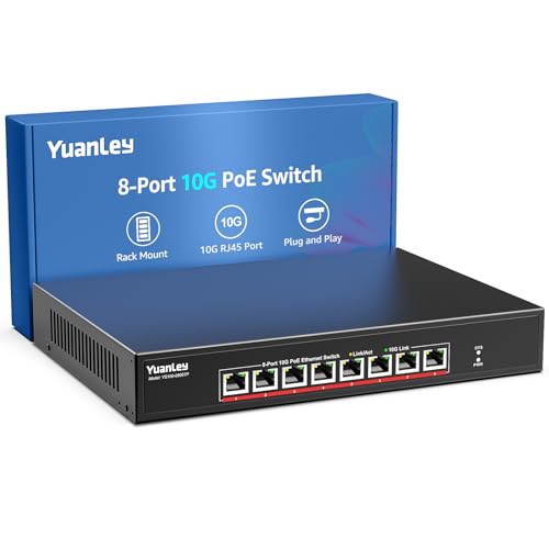 Image of YuanLey 8 Port 10G PoE Switch Unmanaged, 8 x 10G Base-T PoE Ports, IEEE802.3af /at, 110W Built-in Power, Compatible with 1G /2.5G /5G /10G, Metal Case, Rackmount /Wall Mount 10Gbe Network Switch