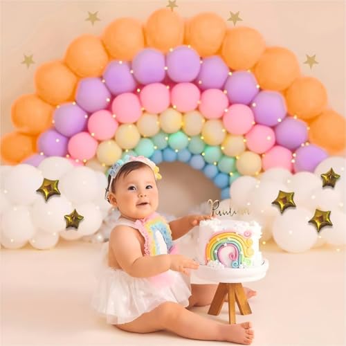 Image of Rainbow Balloon Arch Kit, 77 Pieces, Party Decoration Set with Gold Star Foil Balloons, White Cloud Design for Birthday, Baby Shower
