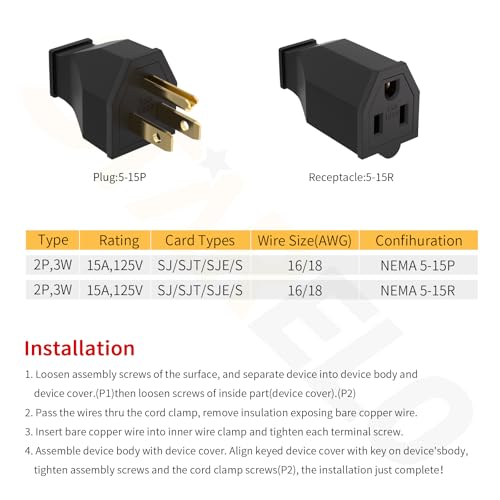 image for STARELO Extension Cord Ends 125V 15A 2Pole 3Wire Female Straight Blade