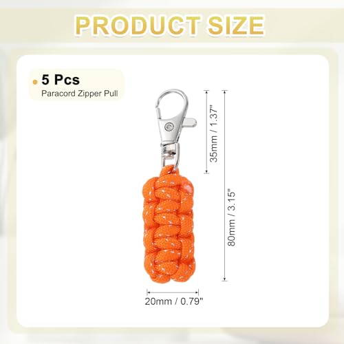 Image of YELARXI Paracord Zipper Pull Polyester Zipper Pulls Replacement Woven Rope with Metal Clasp, 80 mm Length Fit for Backpacks Clothing Luggage Accessories - Cylinder (5 Pack, Orange)