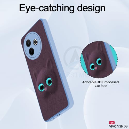 Image of AESTMO Back Case Cover for Vivo Y39 5G Back Cover | 3D Cat Cover | Leather Finish | Full Body Protection | Camera Protection Back Cover for Vivo Y39 5G (Purple)