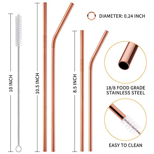 Image of Hiware 12-Pack Rose Gold Metal Straws Reusable with Case - Stainless Steel Drinking Straws for 30oz and 20oz Tumblers Dishwasher Safe, 2 Brushes Included