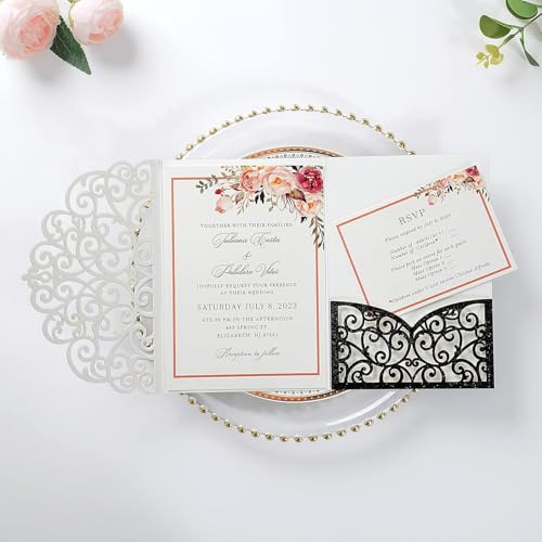 ponatia 5.12 x 7.2 Black Glitter Laser Cut Wedding Invitations, Trifold Laser Cut Invitation Pockets with Envelopes for Wedding Bridal Shower Engagement Quinceanera Invitations (20PCS No Inner Sheet)