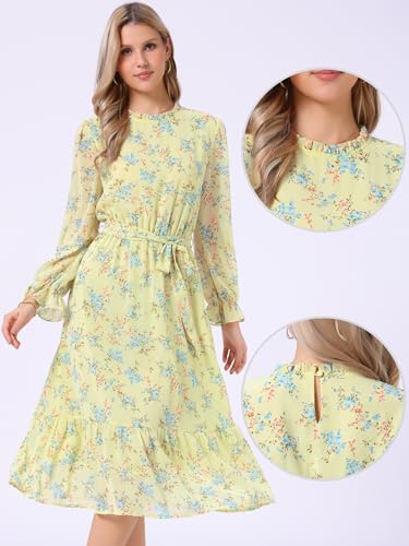 Image of Allegra K Fall Casual Floral Dress for Women 2025 Long Sleeve Crew Neck Chiffon Midi Tea Party Ruffle Dresses