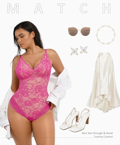 Image of FeelinGirl Shapewear Bodysuits for Women Lace Shapewear Tummy Control V-Neck Sleeveless Bodysuit Tops Jumpsuit