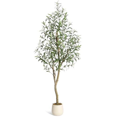 Olive Trees Artificial Indoor, 6ft Tall Faux Silk Plant - Fake Potted Tree with White Planter, Artificial Plants with Natural Wood Trunk and Lifelike Fruits for Home Office Decor, 1 Pack