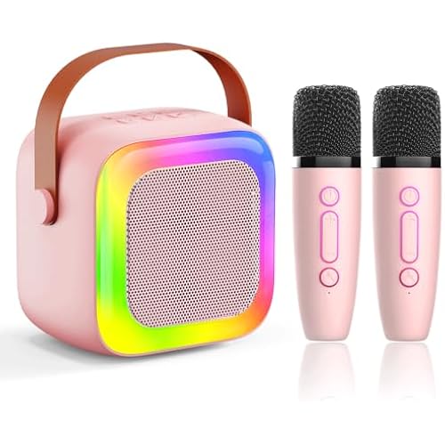 Mini Karaoke Machine for Kids with 2 Wireless Microphones Portable Bluetooth Speaker, LED Disco Lights & Voice Changer, Great Birthday Gift for Girls Ages 3-12, Perfect for Family Parties and Home