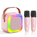 Mini Karaoke Machine for Kids with 2 Wireless Microphones Portable Bluetooth Speaker, LED Disco Lights & Voice Changer, Great Birthday Gift for Girls Ages 3-12, Perfect for Family Parties and Home
