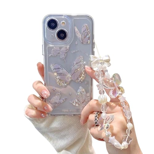 Coque iPhone 14 papillon robuste contre les chutes avec chaîne sécurisée