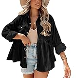 Women Corduroy Peplum Babydoll Shacket Jacket Oversized Long Sleeve Button Down Shirts Blouses Tops Black Large