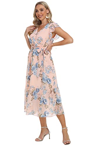 Image of VintageClothing Womens Sundress Casual Floral Summer Boho Dress | Flowy Wrap V Neck Ruffle A-Line Pleated Hem Midi Dresses
