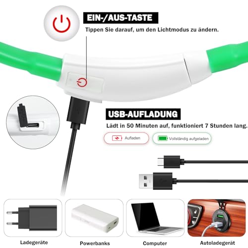 Nepfaivy Leuchthalsband Hund USB Aufladbar - Wasserdichtes Hundehalsband Leuchtend mit Verstellbarer Länge, LED Halsband für Hunde mit 4 Beleuchtungsmodi für Sicherheit, Grün