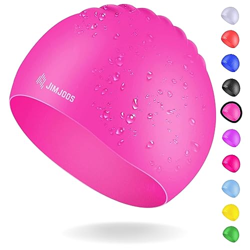 JIMJOOS Kids Swimming Cap 314 Years - Silicone Swim Cap for Boys & Girls - Anti-Slip Stretchable Waterproof Swimming Hat - Durable Odour-Free Swim Hat with Protective Pouch (PINK 3-8 Years)