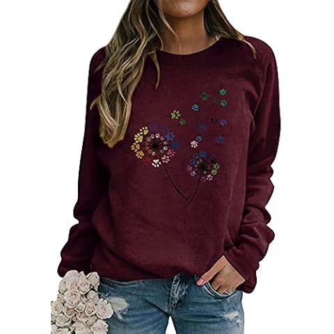 Dresswel Womens Dandelion Sweatshirt Cute Dog Paw Graphic Print Long Sleeve Tops Pullover Jumpers Blouses Cover