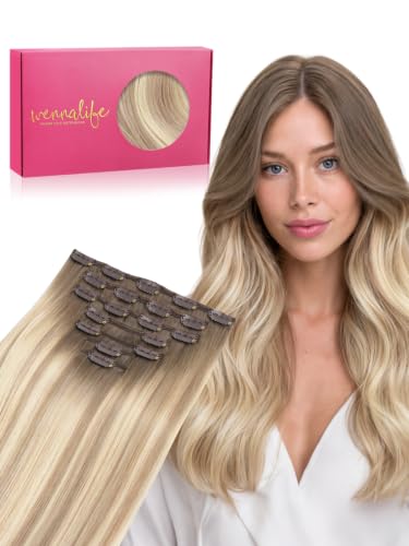WENNALIFE Clip in Hair Extensions Real Human Hair, 20 Inch 120g 7pcs Light Brown Brunette to Sandy Platinum Blonde Ombre Hair Extensions