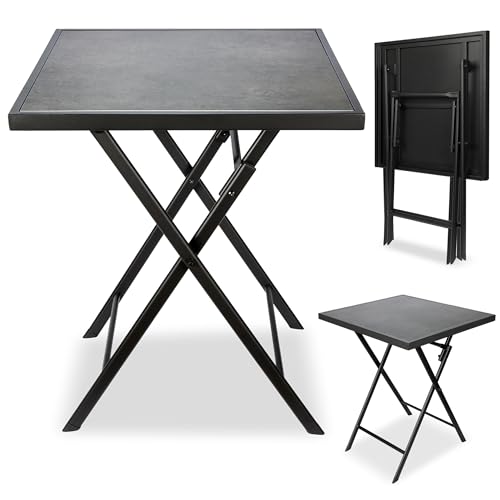 BRUBAKER Gartentisch Bergamo - 58 x 58 cm Balkontisch wetterfest - Metall Beistelltisch klappbar - Campingtisch eckig mit Stein Optik - Klapptisch für Balkon, Terrasse - Bistrotisch - Grau