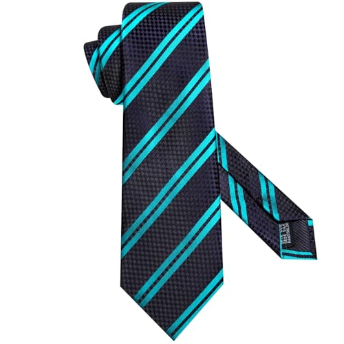 Image of Dubulle Mens Paisley Black Teal Striped Tie and Handkerchief Cufflinks Tie Set for Men Wedding Business Formal