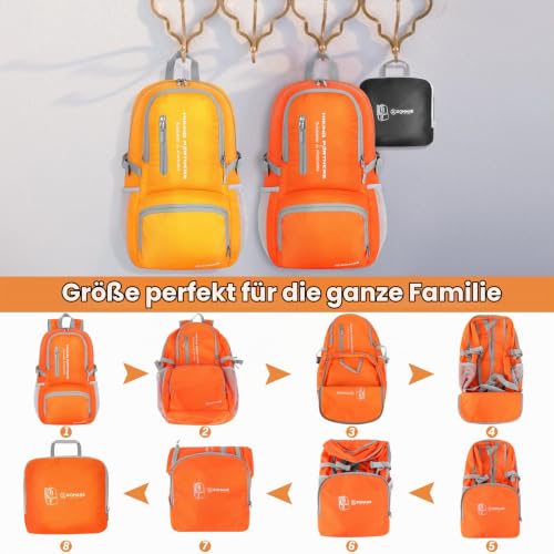 ZOMAKE Faltbarer Rucksack Leicht,Wanderrucksack Groß Rucksäcke,35L(Orange) – Ansicht 5