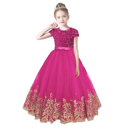 dideyttawl Girls Gold Embroidery Appliqued Puff Tulle Short Sleeves Sequins Party Dress Long Formal Flower Girls Dress