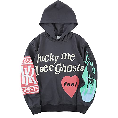 Cactus Pack Lucky I See Ghosts Hoodie KY West Hoodie Men's Graphic Hip Hop Pullover Heavyweight Hooded Sweatshirt Grey