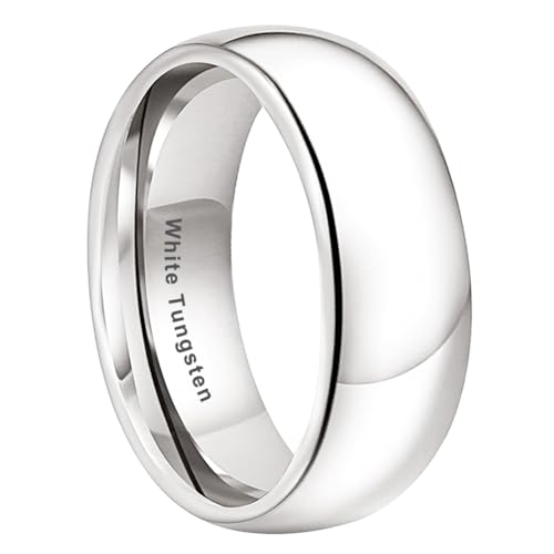 TUTISS 8mm White Tungsten Rings for Men Women Engagement Wedding Bands Domed Polished Comfort Fit...