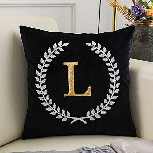 DECOPOW Black Velvet Throw Pillow Cover, Personalized Letter Embroidery Square 18 inches Decorative Pillow Cover,Cover Only (L)