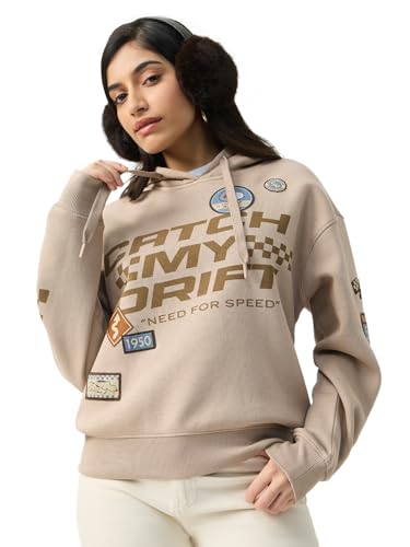 Sweat à capuche long en coton beige avec motif graphique imprimé