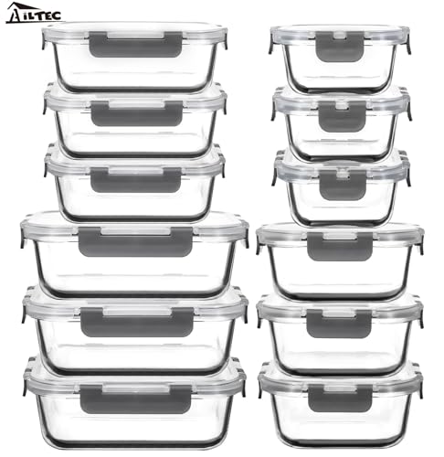 12 Pack Glass Food Storage Containers with Lids, Glass Meal Prep Containers Set with Leak Proof Lids, Airtight Lunch Container for Kitchen, Microwave, Oven, Freezer, Dishwasher Safe, Bpa free