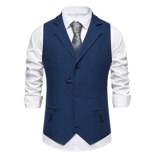 Men’S Herringbone Turndown Collar Vest Single Breasted Slim Fit Cotton Blend Business Casual Sleeveless Blazer