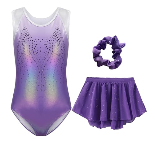 Big Little Girls 3-Piece Gymnastics Set Childrens Gymnastics Leotard with Shiny Diamond Design Sparkling Ballet Suits Leotard Skirt Hairband Purple 5-6 Years