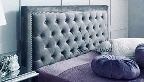 Spring Well,Upholstered Alton Studded Headboard with Buttons in Crushed velvet 26''/30''/36'' Heights (Grey, 3ft-30'' Height)