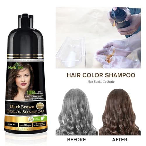 Herbishh Hair Colour Shampoo (Dark Brown, 500Ml) - Ammonia Free, Color For Women & Men | Permanent Hair Dye Shampoo with 100% Grey Coverage Up To 8 Weeks
