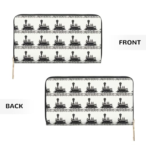 Black Retro Train Print Wallet Women Men, Long PU Leather Wallets for Women, Cute Womens Travel Wallet Purse Pouch with Zipper Pocket2