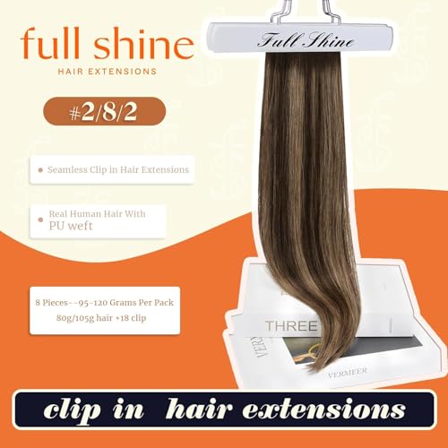 Image of Full Shine Seamless Clip in Hair Extensions 22 Inch Dark Brown Balayage to Light Brown with Caramel Blonde Real Human Hair Straight Hair for Long 8 Pcs 120g