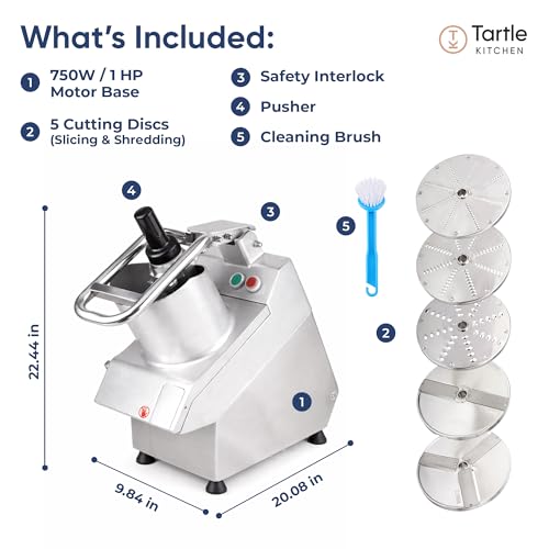 Image of Tartle Kitchen 750W Electric Vegetable Chopper - Commercial Food Processor with Continuous Feed, Dual Feed Openings, 5 Discs for Slicing, Shredding, & Grating - Restaurant-Grade, NSF & ETL Certified