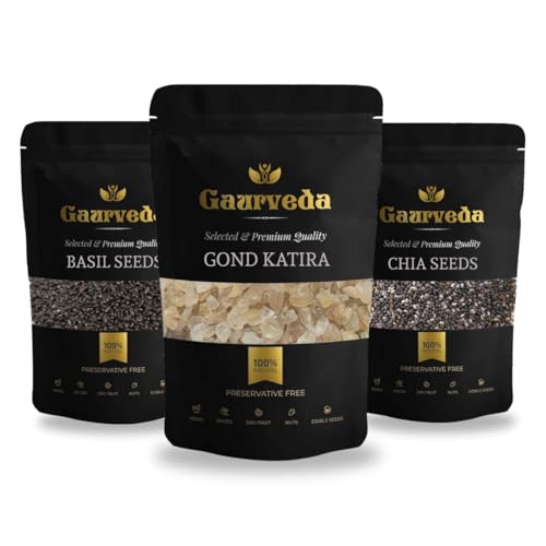Image of GAURVEDA Chia Seeds, Basil Seeds and Gond Katira Combo Pack (100 Grams Each, Chia Seeds + Basil Seeds + Gond Katira)