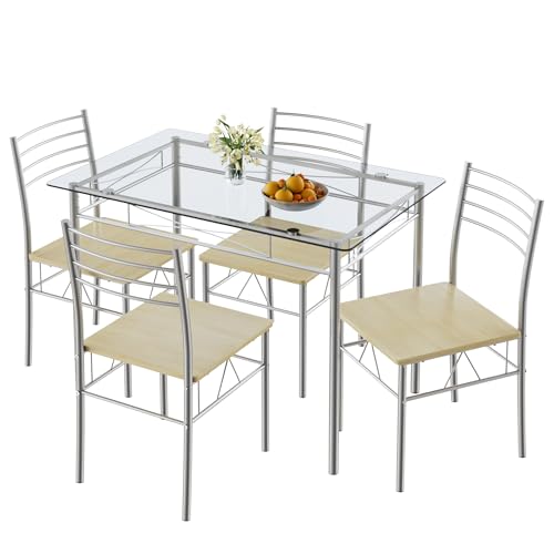 Image of VECELO Dining Table Set for 4, 5-Piece Glass Kitchen Table with Chairs for Small Space, Breakfast Nook, Space-Saving, Silver