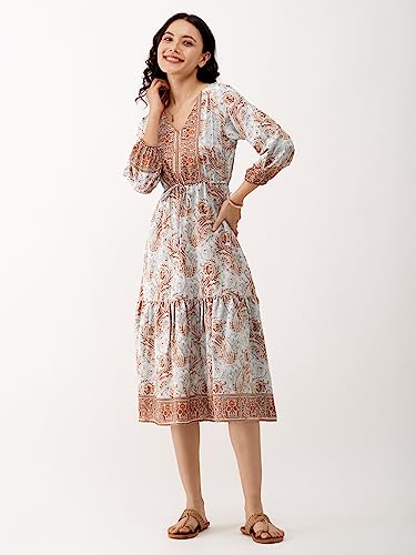 Image of AASK Abstract Printed Puff Sleeve Gathered Detailed Fit Flare Dress