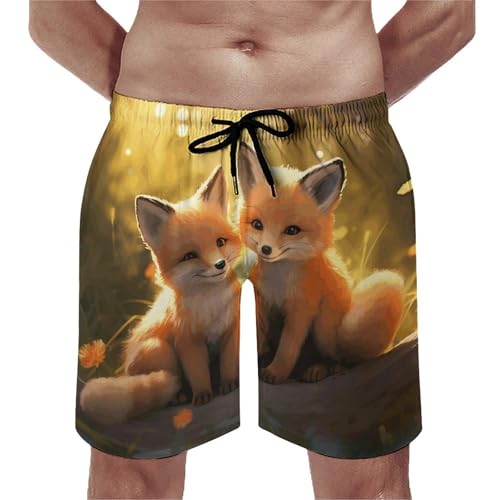 Men's Swim Trunks Quick Dry Board Shorts with Pockets Beach Shorts Cute Foxes Bathing Suits for Men