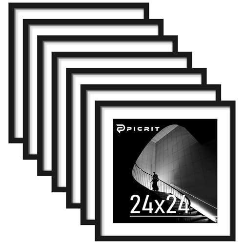 Picrit 24x24 Black Poster Frame 7 Pack, Display Pictures 20 x 20 Picture with Mat or 24 x 24 without Mat for Horizontal or Vertical Wall Mounting, Wall Gallery Photo Frames