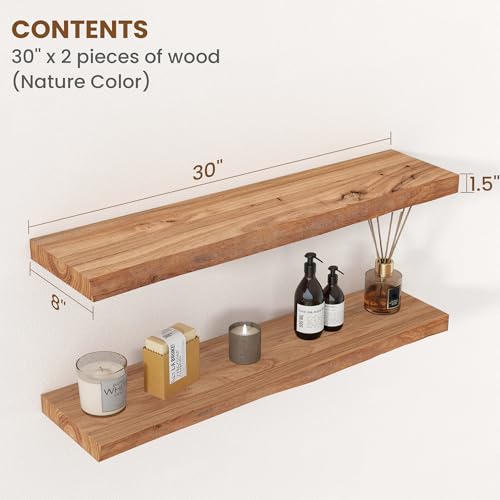 Image of Floating Shelves for Wall Decor, Rustic Solid Elm Wood Live Edge Floating Shelves Wall Mounted, Wall Shelves with Invisible Bracket for Living Room Bathroom Bedroom Kitchen, 30 Inch Set of 2, Natural