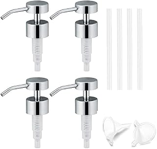 Soap Dispenser Pump,Meiyaa 4 Pack 304 Rust Proof Stainless Steel Soap Dispenser Pump Heads (Fit Standard 28cm Round Bottles)with 2 pcs Separating Funnels for Bathroom and Kitchen (4)